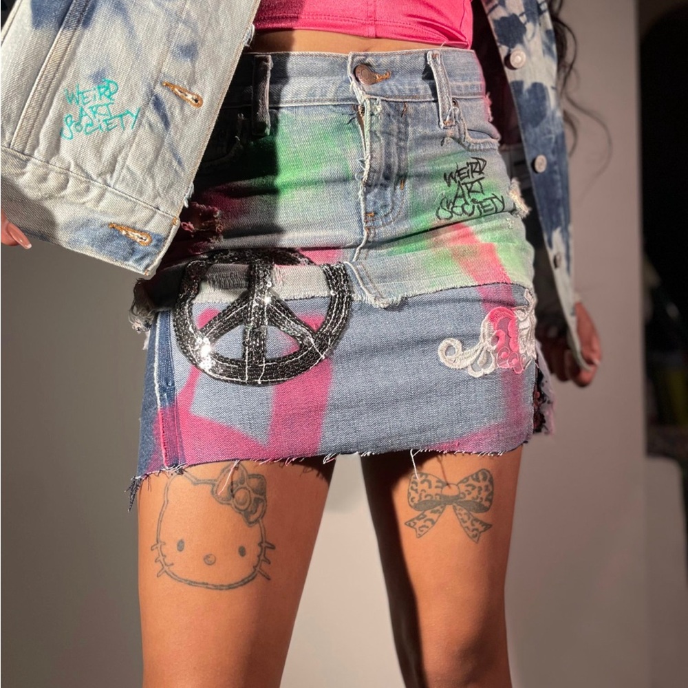 Custom Denim Skirt. Hand Painted Hand Crafted